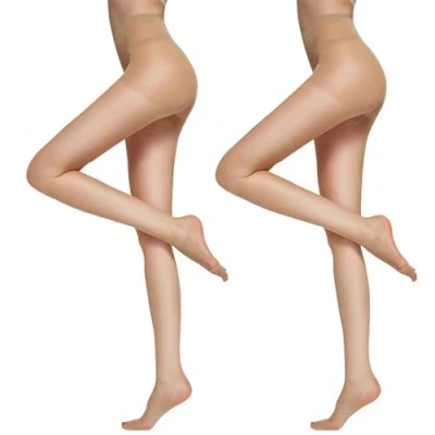 Immagine di DRESHOW 2 Coppie Donna Puro alto Vita Calzamaglia 20D Collant con Controllo In e Rinforzato Toes
