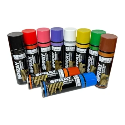 Immagine di Set di 10 bombolette spray da 200 ml ad asciugatura rapida per graffiti e decorazioni. Nero, Bianco, Blu, Verde, Rosso, Giallo, Viola, Arancione, Rosa, Marrone (10 Colori)