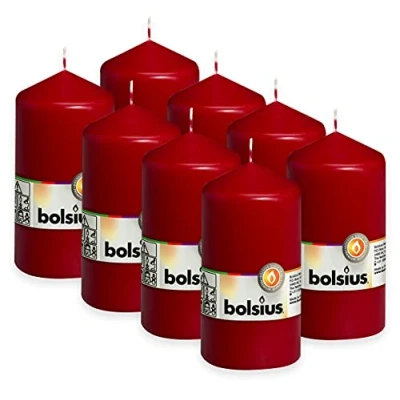 Immagine di Bolsius candele a pilastro lisce, colore vinaccia, 8 pezzi, 13 x 7 cm, decorative per la casa, lunghezza 43 ore, non profumate