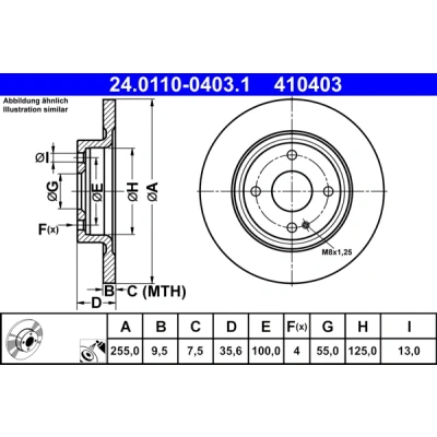 Immagine di ATE 24.0110 0403.1 Disco freno 255,0 9,5 4 100,0 pieno rivestito MAZDA: MX 5 IV