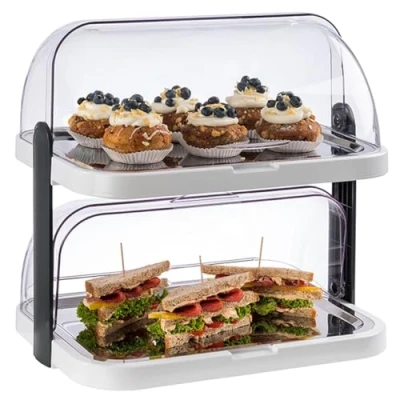 Immagine di APS Buffet Showcase &quot;Double Decker&quot; 2 cofani trasparenti roll top che possono essere aperti su entrambi i lati, vassoi in acciaio inox, 4 batterie di raffreddamento, stoccaggio salvaspazio Made Germany