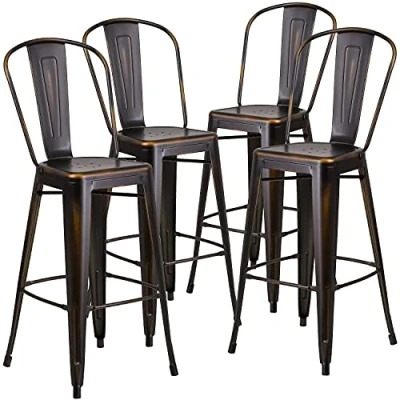 Immagine di Flash Furniture Blake Sgabello da Bar per Interni ed Esterni in Metallo ramato ad Alto Effetto Invecchiato, di Grado Commerciale, Confezione 4, 30&quot;, con Schienale