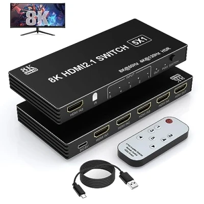 Immagine di Switch HDMI 2.1 8K 60Hz, 5 In 1 Out con telecomando IR, porte 4K 120Hz Auto Selector Hub Supporto 48 Gbps, Compatibile Xbox Series X, PS4 Pro, PS5, TV UHD, Monitor