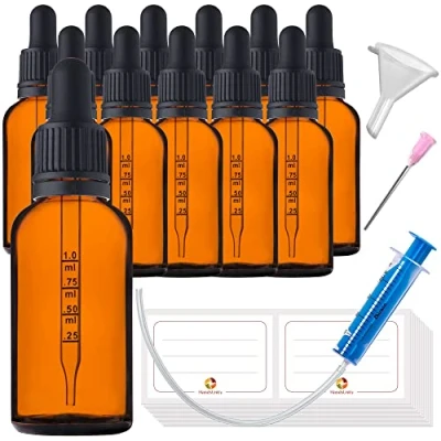 Immagine di HandsUnity 30ml 12pz Bottiglia Pipetta Piccola di Vetro set Vasetti da Farmacia in Ambrato con Tappo Nero per include 29pcs Accessori Bottiglie Marrone