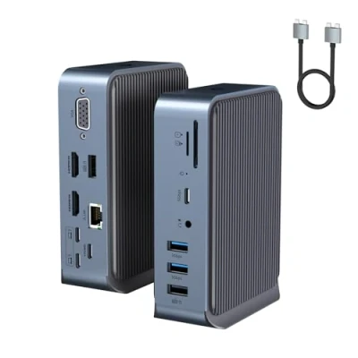 Immagine di Adattatore USB C 15 in 2, Dual Monitor HUB, Docking Station, con 2 HDMI, VGA, 4 A, C, 3.0, Ethernet, 100 W PD, audio e porte lettore di schede SD/TF per laptop