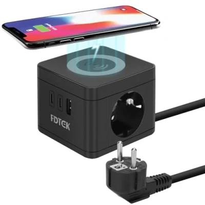 Immagine di FDTEK Ciabatta Cubo, Elettrica Multipresa con 2 Prese EU e 3 USB, Funzione di Ricarica Wireless, 2500W,10A, Cavo 1.5 m, Surge Protezione, Adatto per Viaggi, Casa