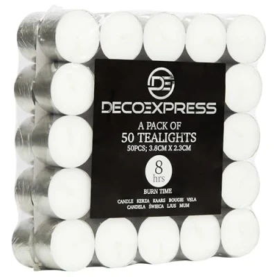 Immagine di Candele Tealight Bianche 24/50/100/200 Pezzi Piccole Lunga Durata 4/8/10 Ore Lumini Non Profumate (Bianco, 50 8 Ore)