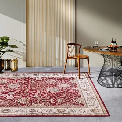 Immagine di Villeroy &amp; Boch Pierre Tappeto orientale per interni ed esterni, design orientale, classico, ecologico, resistente alle intemperie e ai raggi UV, balcone, terrazza, giardino, rosso, crema, 120 x