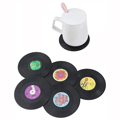 Immagine di Ancllo Set di 12 sottobicchieri in vinile, stile retrò, per bevande calde e fredde, protezione antiscivolo da tavolo, impedisce scivolamenti