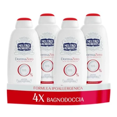Immagine di Neutro Roberts Bagnoschiuma Corpo Dermazero Ipoallergenico, Ottimo per Pelli Delicate e Sensibili, Privo di Sapone Coloranti, Adatto a Uso Quotidiano l&#039;Igiene dei Bambini, 4 Flaconi da 600 ml