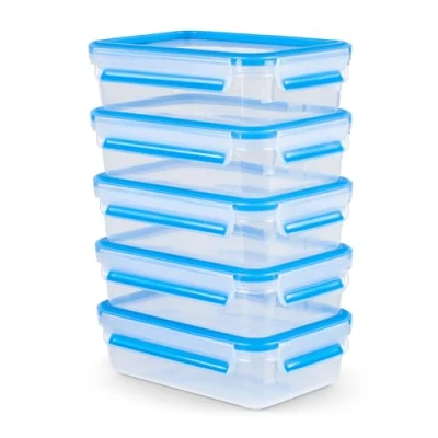 Immagine di Emsa Clip &amp; Close Set Batch Cooking da 5 Contenitori Ermetici Rettangolari in Plastica 0,8 L, igienici, non trattiene odori né sapori 100% BPA free, Trasparente/Blu
