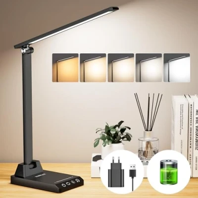 Immagine di Lampada da Tavolo, Scrivania con 2500mAh Batteria, Tavolo Senza Fili, 5 Modalità di Luce x 10 Livelli Luminosità, USB Scrivania, Timer 30/60min Led