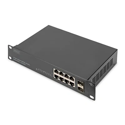 Immagine di DIGITUS Switch di rete Gigabit Ethernet 10 pollici 8 porte RJ45 2 Uplink SFP Non gestito Backplane 20 Gbps Auto MDI/MDI X Nero