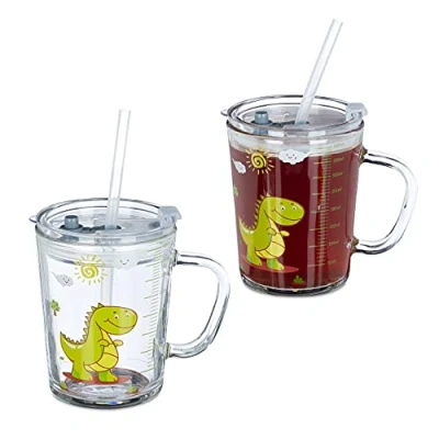 Immagine di relaxdays Set da 2 Tazze per Bambini in Vetro con Cannuccia Silicone e Tappo, 400 ml, Dinosauro, Verde/Trasparente