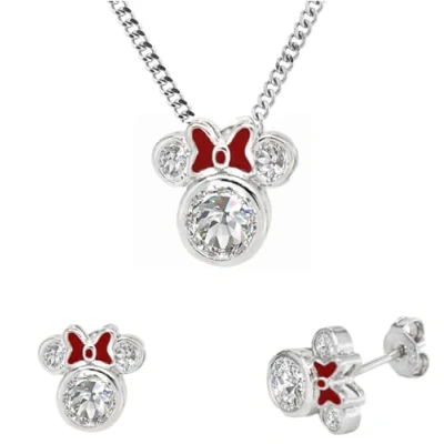 Immagine di Topolino collana donne gioielli set splendente fiocco rosso CZ argento sterling minnie mouse ciondolo e orecchini regalo per le ragazze con catena d&#039;argento portagioie