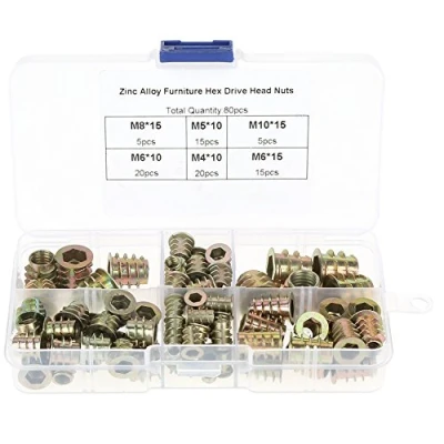 Immagine di 80pcs M4/M5/M6/M8/M10 Inserto dado in lega di zinco Tipo a vite Esagonale filettato per mobili Dadi Bullone Assortmen Set strumenti riparazione