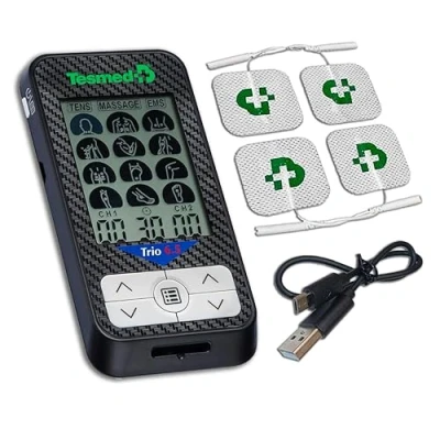 Immagine di TESMED Trio 6.5: Elettrostimolatore Muscolare Ricaricabile con USB 36 Programmi, 40 Livelli di Intensità, 4 Elettrodi EMS, TENS e Massaggio Ideale per Fitness Terapia del Dolore