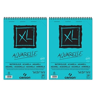 Immagine di Canson XL Aquarelle Set di 2 album carta per acquarello, con spirale sul lato corto, 30 fogli, grana fine, 300 g, formato A4, colore: bianco