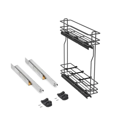 Immagine di Emuca Carrello portabottiglie estraibile per mobile di cucina, Montaggio laterale, chiusura soft, Modulo 150mm, Grigio antracite, Acciaio