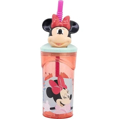 Immagine di Bicchiere con cannuccia Minnie Disney personaggio 3D in plastica riutilizzabile BPA Free capacità 360 ml