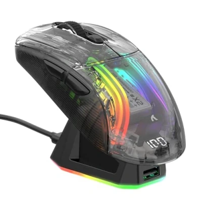 Immagine di ATTACK SHARK X2 Pro Mouse Gaming Wireless con Station di Carica, Guscio Trasparente, Bluetooth RGB Ricaricabile Silenzioso a Tre modalità(BT5.0/2.4G/Tipo C) PixArt 3212, 4000 DPI, PC/MAC, Nero