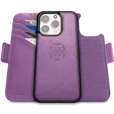 Immagine di dreem Fibonacci compatibile con iPhone 15 Pro Max custodia a portafoglio/custodia antiurto 2 in 1 e folio pelle vegana staccabile, MagSafe, protezione RFID [Viola]