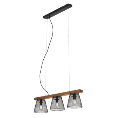 Immagine di BRILONER Leuchten Lampada a sospensione con 3 luci, retrò/vintage, regolabile in altezza, look griglia, 3x E14, max. 25 Watt, metallo legno, nero, 650x150x1360mm (LxPxH)