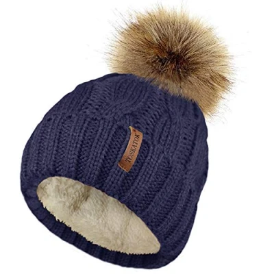 Immagine di TOSKATOK Donna Chunky Morbido Cavo a Maglia Cappello con Fodera in Pile Accogliente e Staccabile Pelliccia Sintetica