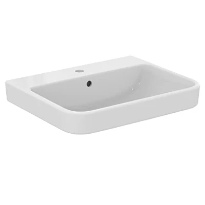 Immagine di Ideal Standard i.life B Lavabo da 60 cm con foro centrale per la rubinetteria aperto e del troppopieno. Colonna, semicolonna sifone d&#039;arredo acquistare separatamente. Bianco