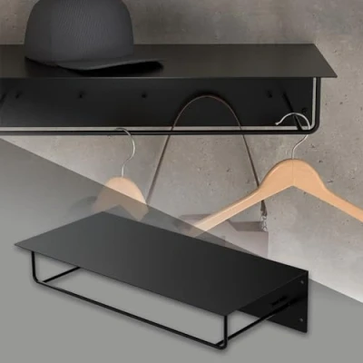 Immagine di ML Design Appendiabiti da Parete con Gancio Asta e Ripiano per Capelli Beretti 60 x 30 15 cm in Acciaio Verniciato a Polvere Nero Attaccapanni Ingresso Corridoio Giacche