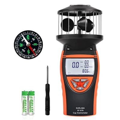 Immagine di SURLABA Wind Cup Anemometro per Esterno, XF 878 Misuratore Velocità Vento Campo di Misura 0.7 42m/s con MAX/MIN/AVG Modalità &amp; Temperatura Test, Portatile Meter Riprese, Drone, Windsurfing
