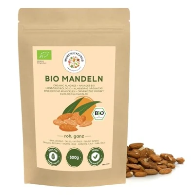 Immagine di mandorle bio 500g di Munchilycious, crude, non tostate e salate, snack alla noce, keto, perfetti per la preparazione latte farina