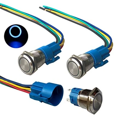 Immagine di QitinDasen 3Pcs Premium 12V / 24V 5A Interruttore a Pulsante Momentaneo, 19mm in Metallo con LED Blu, Avviamento Auto Acciaio Inossidabile impermeabile