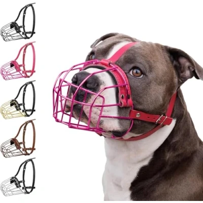 Immagine di BRONZEDOG Amstaff Museruola per cani Pitbull, con maschera in metallo, cinghie regolabili pelle, di taglia grande (rosa)