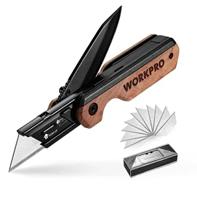 Immagine di WORKPRO Coltello Multiuso 2 in 1, Taglierino e Coltellino Tascabile con Manico Legno Clip da Cintura, Incluse 10 Lama SK5 di Ricmabio, Adatto per Lavori Taglio Interni ed Esterni