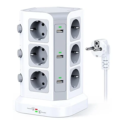 Immagine di KOOSLA multipresa protezione sovratensione(4000W/16A), Ciabatta verticale con 12 prese e 6 slot USB A, Torretta 3 interruttori indipendenti, 2M Cavo, Bianco