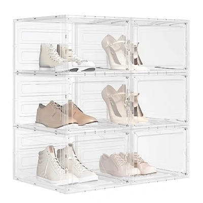 Immagine di WOLTU Set di 6 Scatole per Scarpe Trasparenti, Portascarpe Salvaspazio in Plastica con Coperchio Frontale Magnetico, Contenitori Impilabili, Fino alla Taglia 46 SRX25tp