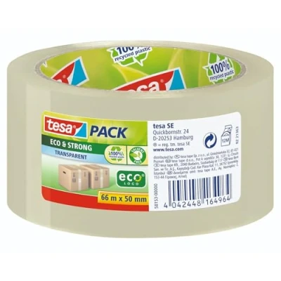 Immagine di Tesapack Eco&amp;Strong Ecologo Nastro da Imballaggio Ecologico in Plastica Riciclata al 100%, Resistente ai Raggi Uv e All&#039;Invecchiamento Trasparente 66 m x 50 mm