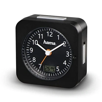 Immagine di Hama Radiosveglia analogica (piccola sveglia con radio e luce, da viaggio regolazione automatica dell&#039;ora, timer batteria) nero, 9,5 x 4,5 cm