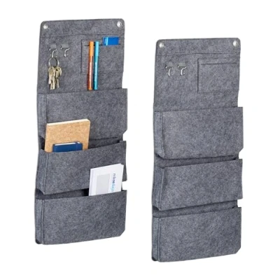 Immagine di Relaxdays Portaoggetti da Parete, Set 2 in Feltro, 6 Cestini, Organizer per Bagno e Cucina, 64,5 x 25 cm, Grigio, Ferro