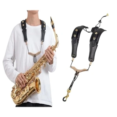 Immagine di ZHYUAN tracolla per sassofono,Cinghie sassofono,Tracolla regolabile sassofono in pelle,cintura senza pressione basso alto tenore