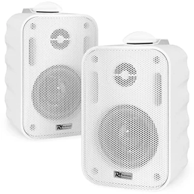 Immagine di COPPIA DIFFUSORI 60W ALTOPARLANTI PARETE TENUTA STAGNA IP56 PER ESTERNO BIANCHE con staffe a muro