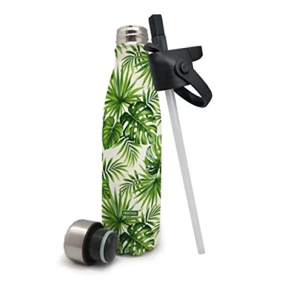 Immagine di Nerthus FIH 569 Thermos a Doppia Parete per Freddo e Caldo. Disegno con Foglie di Palme in Acciaio Inossidabile Tappo Cannuccia 500 ml. Senza BPA ermetico