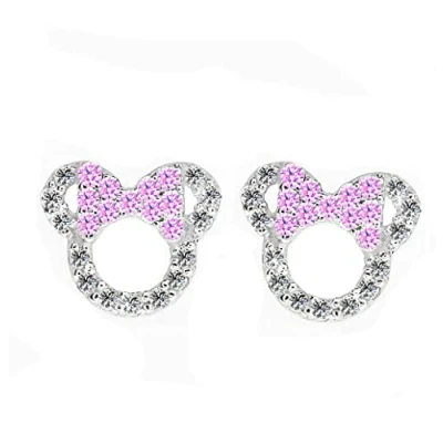 Immagine di orecchini Kaguyo Minnie Mouse, a bottone in argento sterling 925 con ametista blu rosa e zirconi Topolino per donne ragazze, regalo di compleanno (rosa)