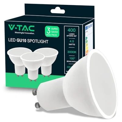 Immagine di V TAC 3x Lampadine Led GU10 4,5W (Equivalenti a 35W) 400 Lumen Alta Luminosità Faretto per Massima Efficienza e Risparmio Energetico 3000K Luce Calda (Box 3 pezzi)