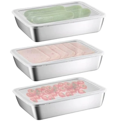 Immagine di Nivofu 3 Pezzi Vassoio in Acciaio Inossidabile, Scatola per Affettare con Coperchio, Contenitore Pancetta da Frigorifero, Piatto Torta, Contenitori Alimenti Carne, Verdura, Frutta
