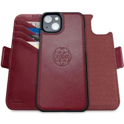 Immagine di dreem Fibonacci compatibile con iPhone 15 Plus custodia a portafoglio/custodia antiurto 2 in 1 e folio pelle vegana staccabile, MagSafe, protezione RFID [Borgogna]