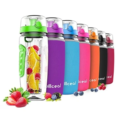 Immagine di Borraccia per l&#039;acqua con infusore frutta,di grandi dimensioni, capacità: 946 ml, resistente, in plastica Tritan priva di bisfenolo A, coperchio a scatto e design prova perdita (Green)