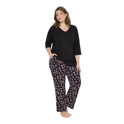 Immagine di Ulla Popken Pyjama, Katzen, V Ausschnitt, 3/4 arm, Taschen Set di Pigiama, Nero, 42 44 Donna