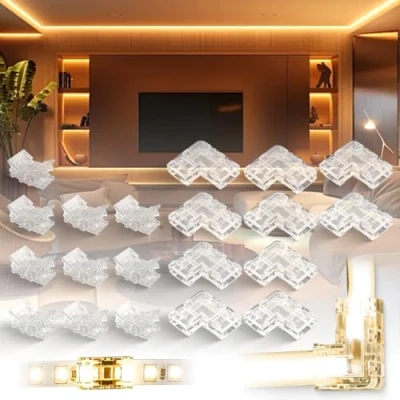 Immagine di BRIMETI 20Pcs LED Connettore, Connettori Strisce 2 Pin Trasparenti 8mm la Luce di Nastro Adesiva COB SMD Striscia Strip, non Cablata Senza Saldatura, L a Forma Connettore